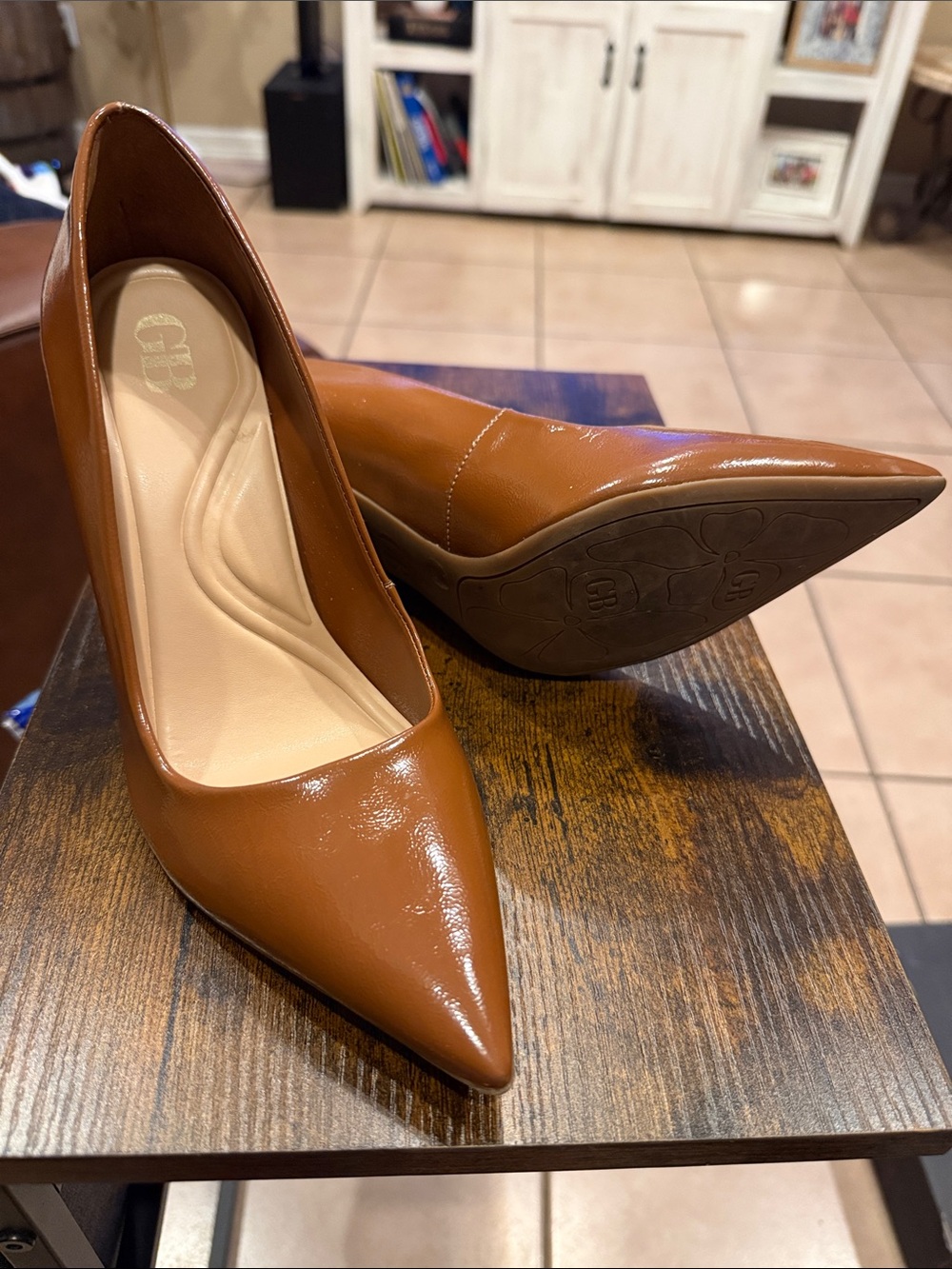 GBG Los Angeles Pointed Toe Patent Cognac Pumps